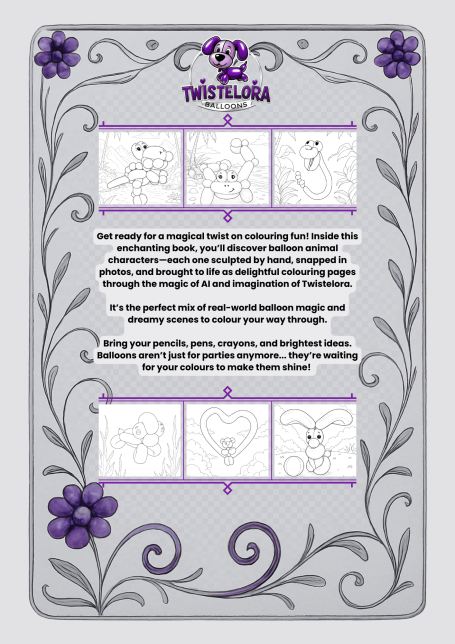 Twistelora Colouring Book: Balloon Animals Back Cover.
