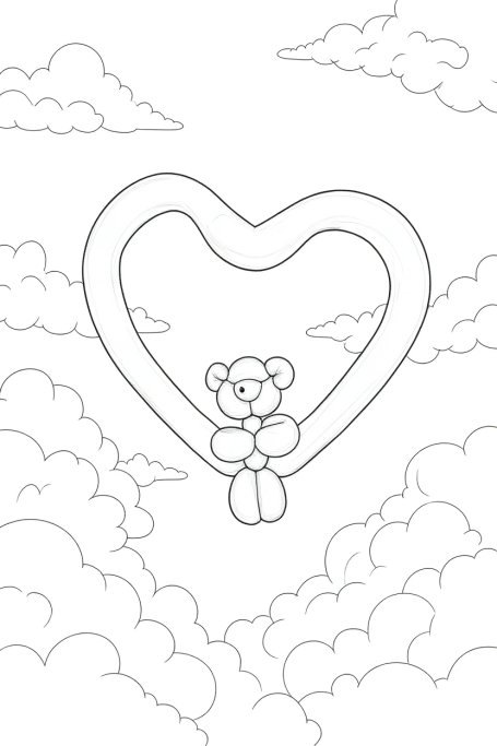 Twistelora Colouring Book: Balloon Animals. Balloon Teddy Heart colouring page.